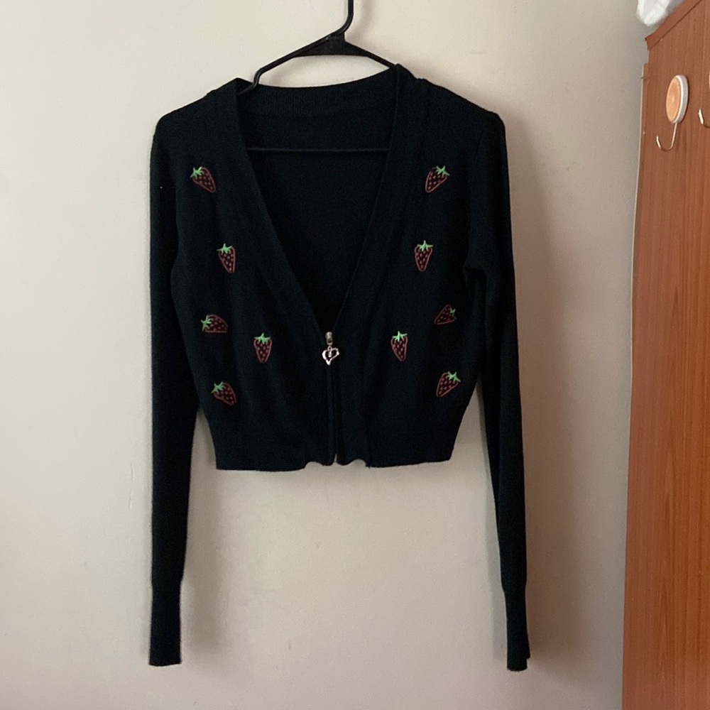 Black Zip Up Cardigan with Strawberry Embroidery Y2K